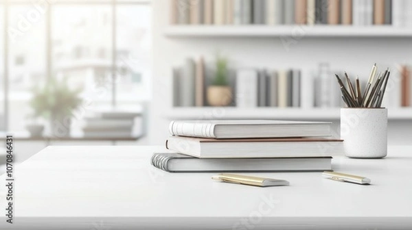 Fototapeta white table with books, stationery and copy space in blurred study room