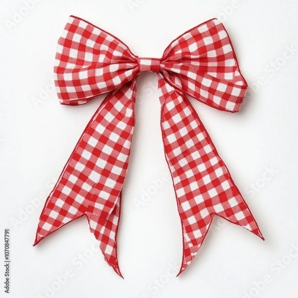Fototapeta Red gingham patterned bow on white background for crafting and decor
