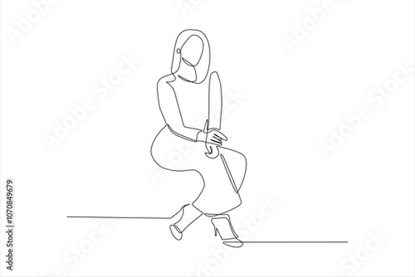 Fototapeta A minimalist line drawing of a seated woman holding a sword, emphasizing elegance and strength.