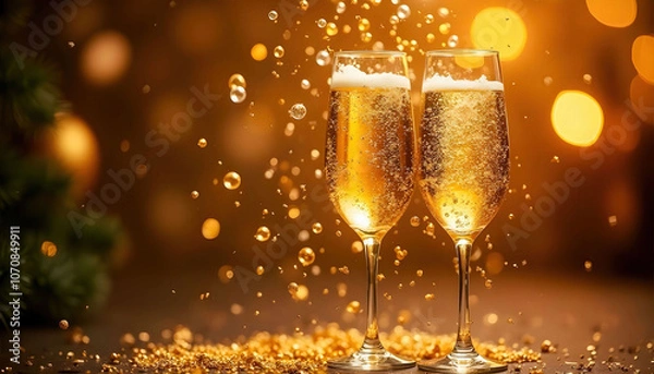 Fototapeta Elegant glasses of champagne on a golden background, surrounded by shimmering confetti. The scene is festive and celebratory, perfect for parties or holiday events, highlighting luxury and joy.