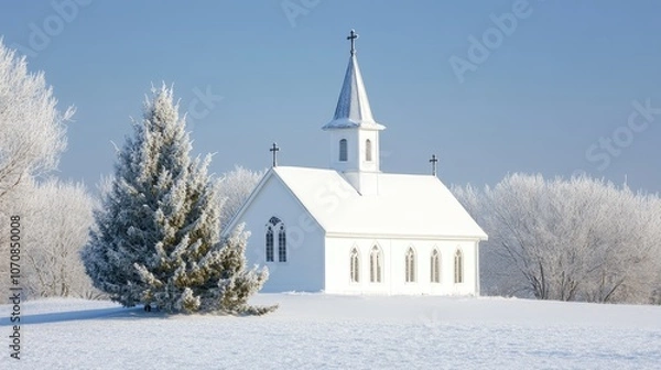 Fototapeta Quaint snowy church surrounded by frosted trees, perfect for Christmas or New Year backgrounds with space for holiday messages.
