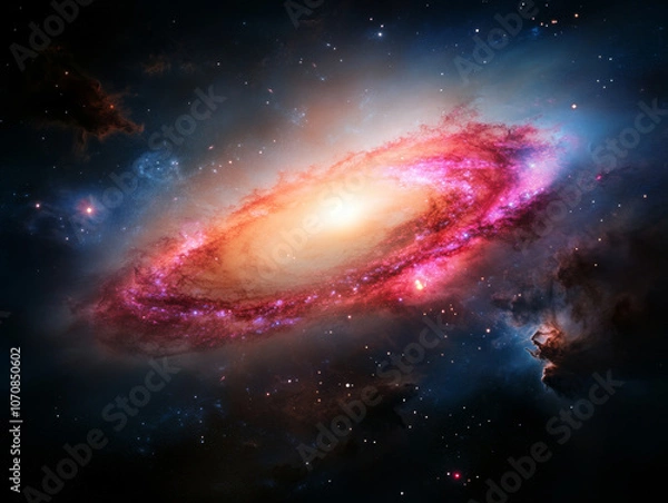 Fototapeta A telescope view of a distant galaxy, showing its spiral arms and glowing stars.