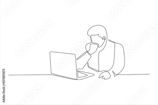 Fototapeta A continuous line drawing of a person working on a laptop, deep in thought.