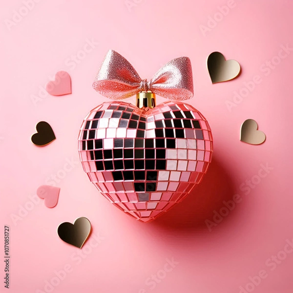 Fototapeta 3D Render of a disco ball heart with a bow on top and a few small hearts around it.