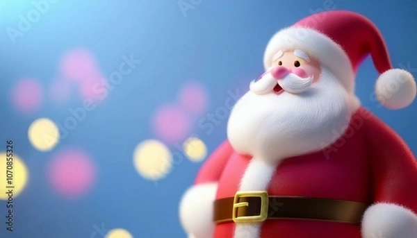 Fototapeta Santa Claus smiling on a blue background with bokeh, Christmas Eve in December, 3D clay