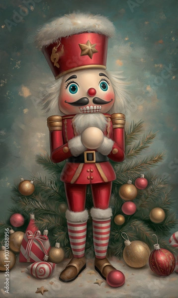 Obraz Vintage post card with nutcracker with Christmas decorations.