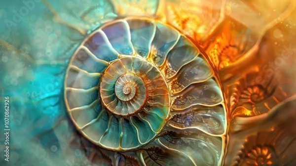 Fototapeta Nautilus shell in closeup, showcasing its iconic spiral pattern. The shell's geometric design is a stunning piece of nature's art.