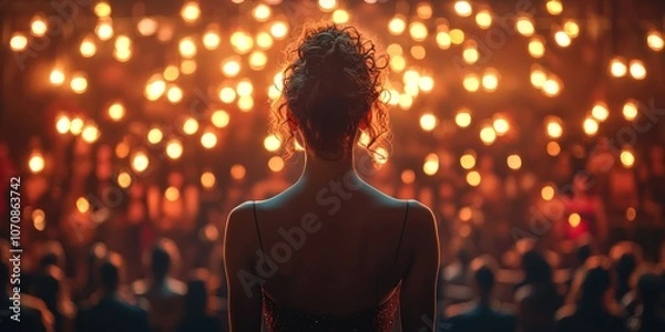 Fototapeta Woman Facing Away from the Crowd with Backlit Lights