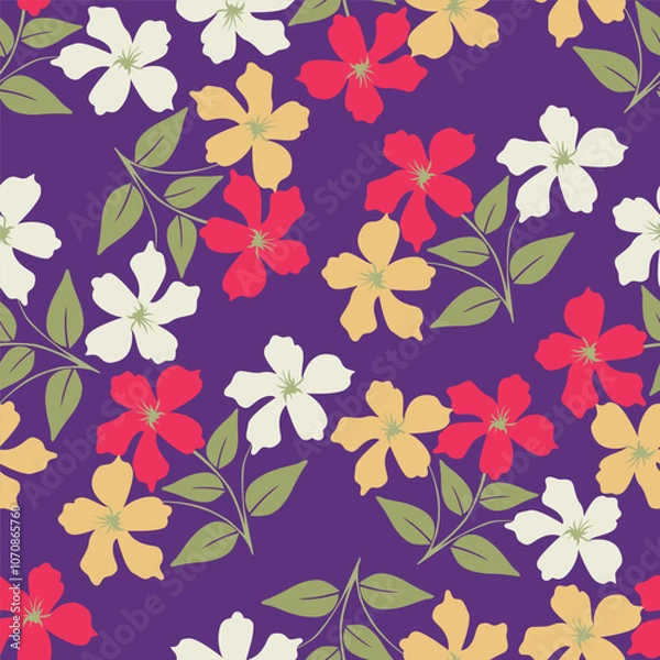 Fototapeta Artistic simple branches flowers peonies, dahlia and buds with leaves seamless pattern. Vector hand drawn. Retro, vintage, pastel print. Template for design, fabric, fashion, wallpaper, textile
