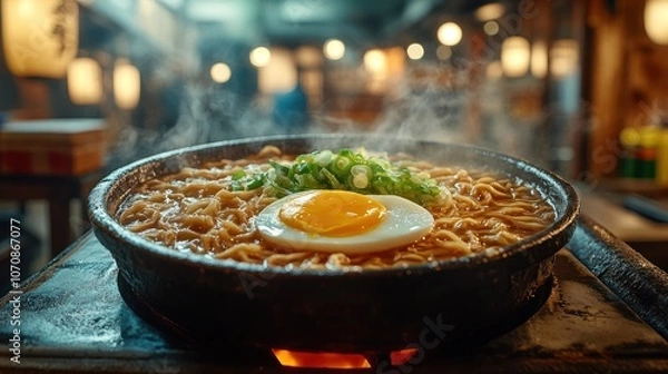 Fototapeta Steaming bowl of ramen noodles with egg and scallions in a Japanese restaurant.