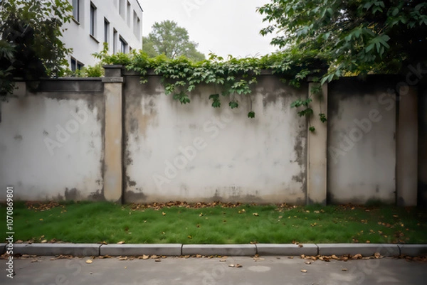 Fototapeta Weathered wall with climbing plants and grass in urban setting