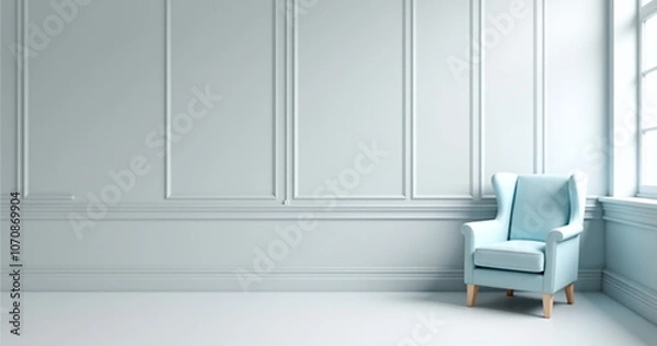 Fototapeta A light gray room features a pastel blue chair classic wall panels and a large window conveying simple minimalist design