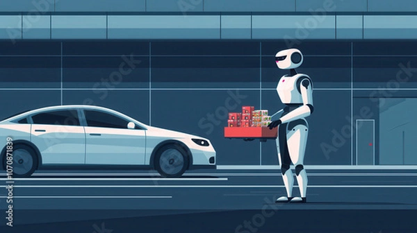 Fototapeta robot delivering groceries to customer in modern urban setting, showcasing technology and convenience. scene highlights innovation in everyday life