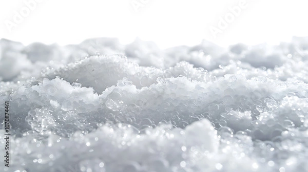 Fototapeta A close-up view of snow isolated on a white background, showcasing the intricate textures and delicate crystals, capturing the pure, natural beauty of freshly fallen snow in stunning detail
