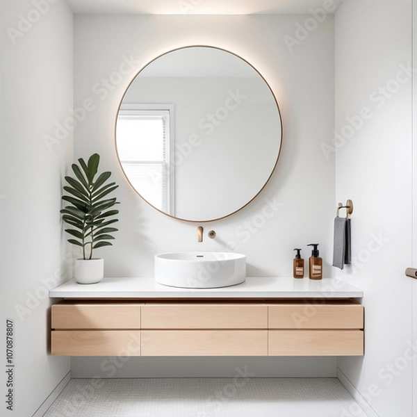 Obraz Minimalist Floating Vanity in Bathroom – A simple vanity with a floating design, featuring a round mirror, a slim sink, and clean lines, in an all-white bathroom backdrop.