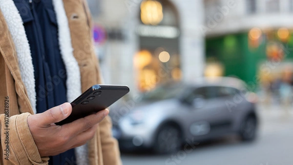 Obraz Man using smartphone app for electric car rental service in city