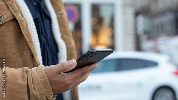 Obraz Man using smartphone app for renting electric car sharing service
