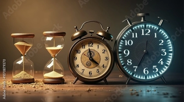 Fototapeta A surreal image illustrating the evolution of time measurement—on the left, an ancient hourglass with sand flowing, transitioning to modern clocks on the right.