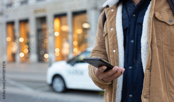 Obraz Tourist using smartphone app for renting electric car in the city center