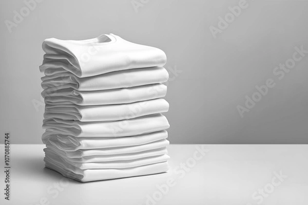 Fototapeta A stack of folded soft, smooth clothes. White T-shirts on a light background with space for text. Concept of diversity in the world, lifestyle, order in the house, minimalism.