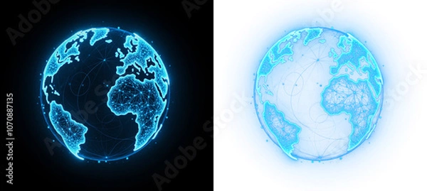 Obraz a glowing blue globe with network lines and dots forming a sphere, on black or transparent alpha background