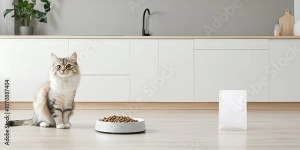 Fototapeta A fluffy cat happily sits next to an empty dog bowl with an unmarked bag of cat food nearby in a sleek and bright modern kitchen filled with natural light
