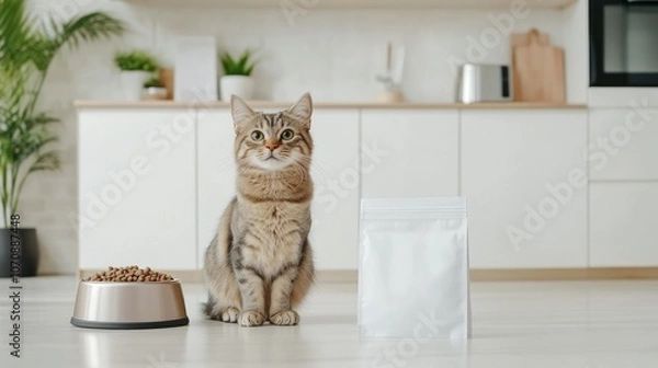 Obraz A joyful cat sits comfortably next to an empty dog bowl with a plain bag of cat food nearby. The kitchen has a modern design and a bright ambiance creating a cheerful atmosphere