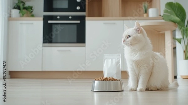 Obraz In a modern kitchen a striking white fluffy cat sits beside an empty dog bowl and a plain mockup of cat food gazing thoughtfully at its surroundings in a clean stylish space