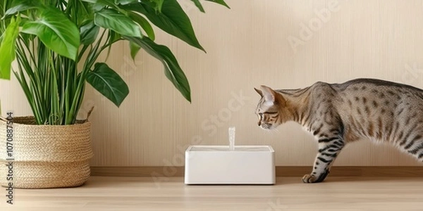 Obraz A Dragen-Li cat stands beside a tall minimalist white pet fountain drinking water. The light wooden floor and green plant create a calm stylish atmosphere