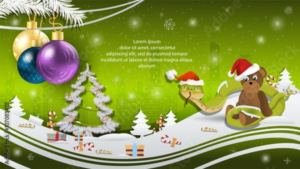 Obraz Christmas and New Year illustration Christmas tree balls on a fir tree A snake in a Santa Claus hat wraps around a bear toy