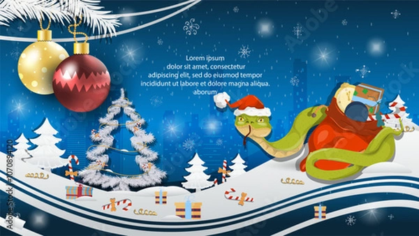 Obraz Christmas and New Year illustration Christmas tree balls on a fir tree a snake in a Santa Claus hat wraps around a bag of gifts