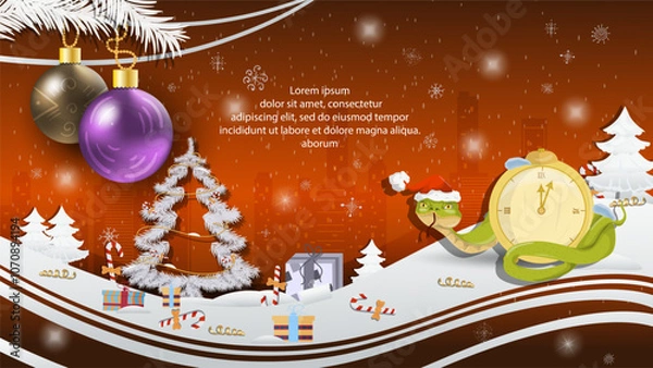 Obraz Christmas and New Year illustration Christmas tree balls on a fir tree a snake in a Santa Claus hat wraps around a clock