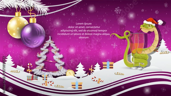 Obraz Christmas and New Year illustration Christmas tree balls on a fir tree a snake in a Santa Claus hat wraps around a glass with a drink