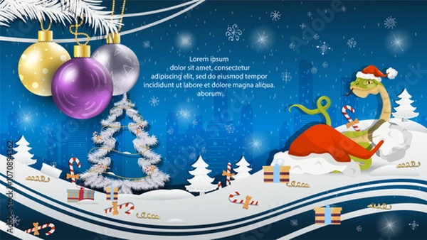 Obraz Christmas and New Year illustration Christmas tree balls on a fir tree a snake peeks out from behind Santas hat