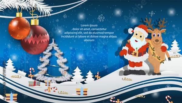 Obraz Christmas and New Year illustration Christmas tree balls on a fir tree Santa Claus and a deer hugging
