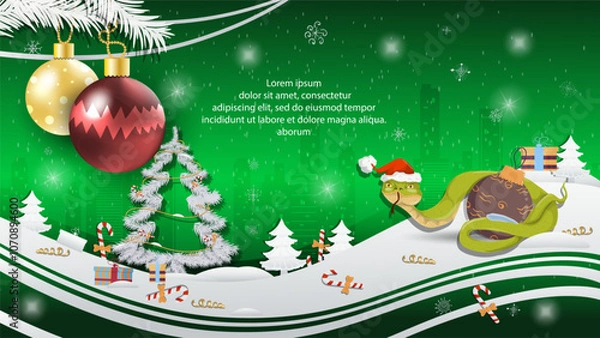 Obraz Christmas and New Year illustration Christmas balls on a fir tree A snake in a Santa Claus hat wraps around a Christmas ball