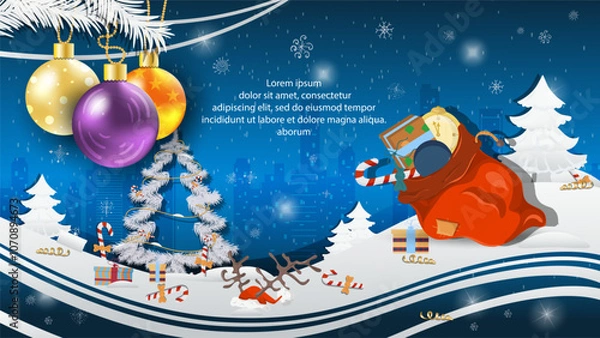 Obraz Christmas and New Year illustration Christmas tree balls on a fir tree A large bag with gifts