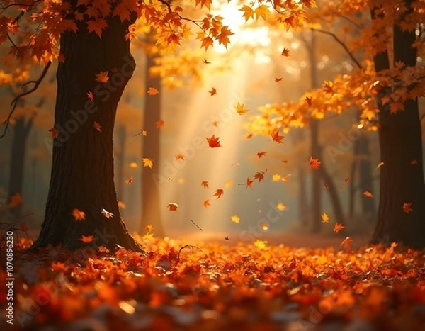 Obraz Beautiful trail on an autumn sunrise, with dry leaves on the ground and falling from the trees, on a misty day with the sun coming through the treetops.