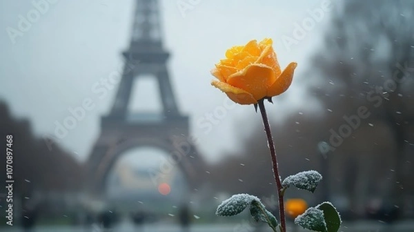 Fototapeta  Yellow rose covered in frost stands in front of Eiffel Tower, blending beauty of nature with Parisian charm on a cold, snowy day.