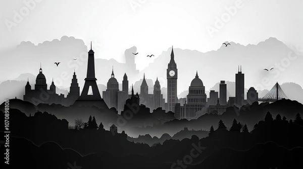 Fototapeta  International skyline silhouette merges iconic landmarks like Eiffel Tower and Big Ben. Minimalist black and white style celebrates global architecture and unity.