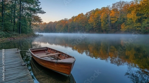 Fototapeta  Tranquil scene of a wooden rowboat tied to a dock, gently floating on still water at dawn; soft light enhances the peaceful atmosphere.