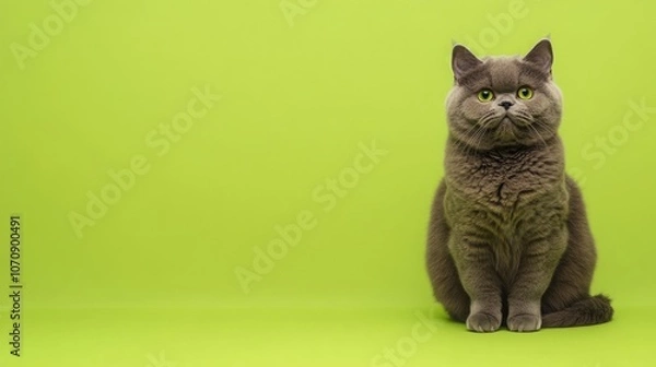 Fototapeta A gray cat with bright green eyes sits on a solid green background. The cat is looking directly at the camera.