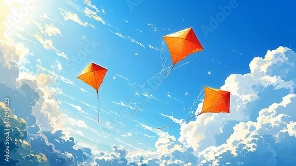 Fototapeta Three orange kites flying against a backdrop of blue sky and white clouds, with the sun shining through the clouds.