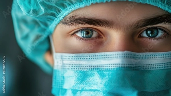 Obraz A close-up shot of a person wearing a surgical mask, great for medical or health-related themes