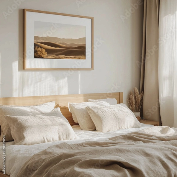 Fototapeta A framed desert landscape print hanging above a low wooden bed with neutral bedding