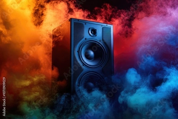 Fototapeta Two speakers sit atop a table, waiting to be used