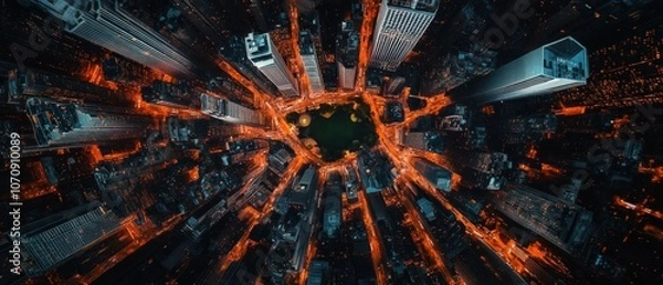 Fototapeta Aerial view of a city with glowing orange patterns around a central park area.