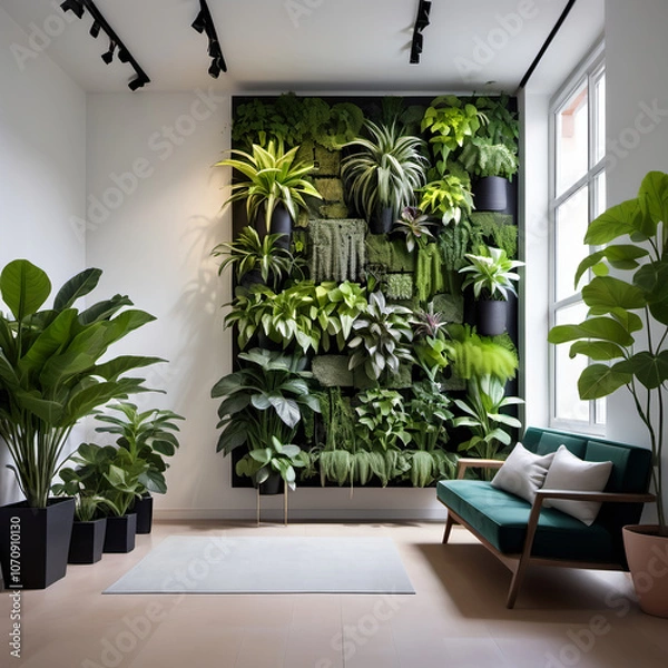 Obraz Minimalist Indoor Garden Wall – A section of the wall dedicated to plants, with a series of vertical planters creating a fresh, green feature in an otherwise minimalist room.