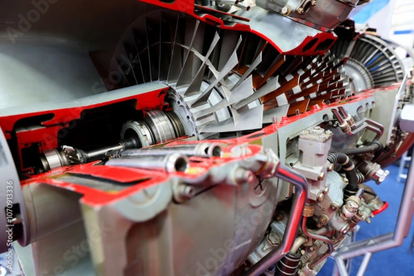 Fototapeta Closeup of the of a turboprop engine exhibited at an exhibition of military and civil technology