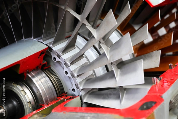 Fototapeta Closeup of the of a turboprop engine exhibited at an exhibition of military and civil technology